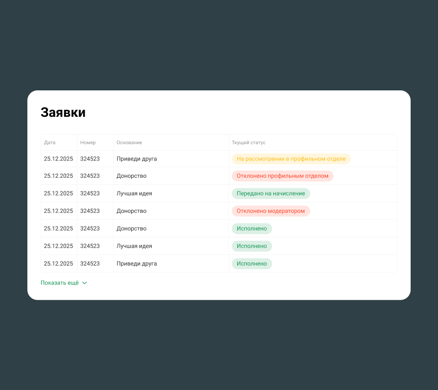 Заявки на начисление баллов